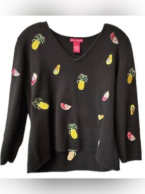 Alexandra Bartlett Cotton Fruit Embroidered Sweater XL Tropical Coastal Grandma